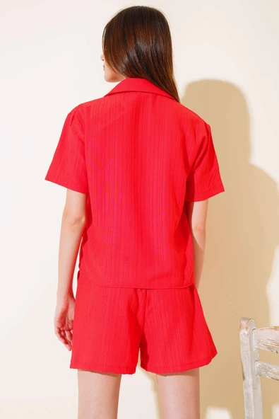 Gofre Şortlu Takım Kırmızı - Resim 3