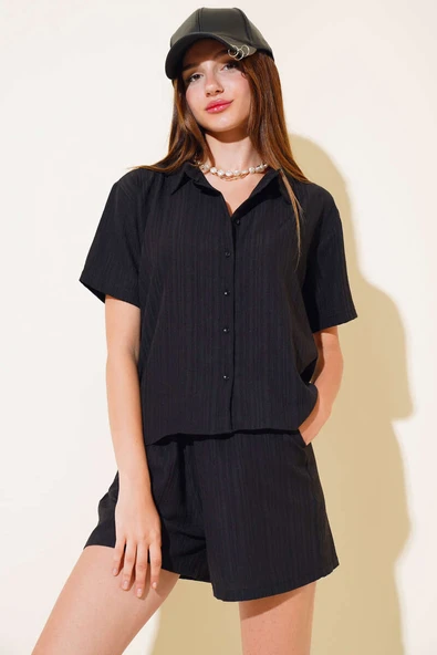 Gofre Şortlu Takım Siyah - Resim 2