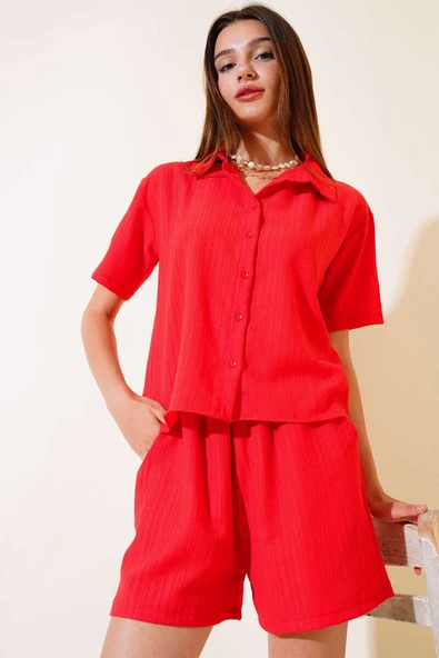 Gofre Şortlu Takım Kırmızı - Resim 2