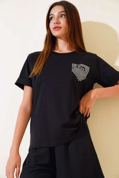 Dun İşlemeli T-shirt Siyah ürün görseli 1