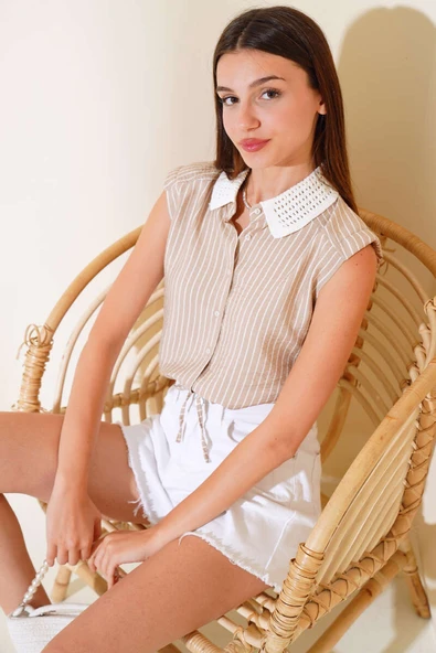 Yakası Örme Çizgili Gömlek Latte