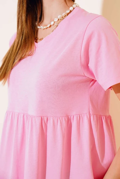 Süprem V Yaka Elbise Pembe - Resim 4