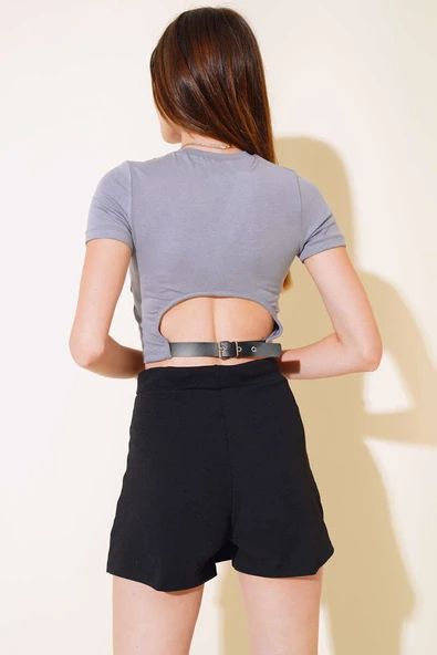 Arkası Kemerli Crop Kayrak Grisi - Resim 3