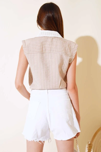 Yakası Örme Çizgili Gömlek Latte - 3