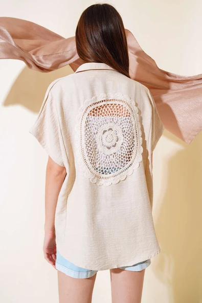 Arkası Dantelli Fakir Kol Gömlek Bej - 3