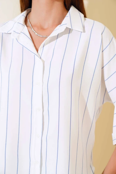 Çizgili Salaş Yarasa Kol Gömlek Mavi - 4