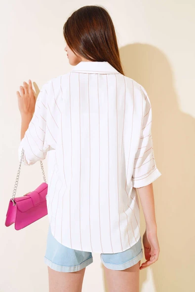 Çizgili Salaş Yarasa Kol Gömlek Camel - 3