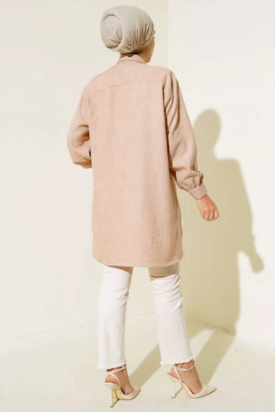 Göğsü Çift Cepli Salaş Gömlek Krem - Resim 3