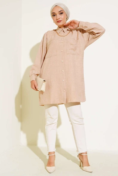 Göğsü Çift Cepli Salaş Gömlek Krem - Resim 2