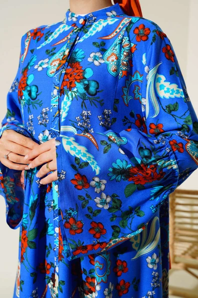 Desenli Düğmeli Kat Elbise Saks - 4