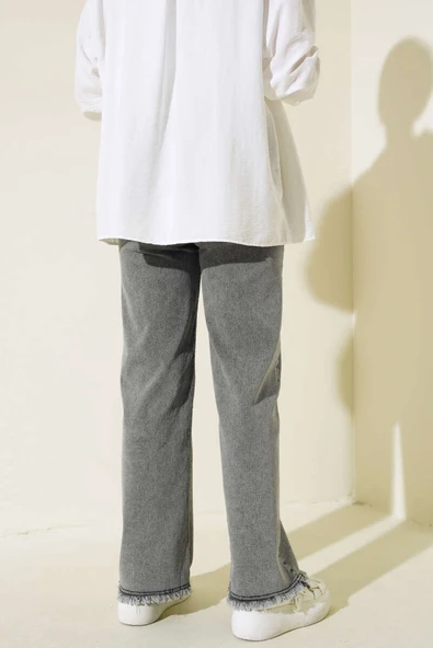 Paça Püsküllü Kuşaklı Kot Pantolon Füme - Resim 3