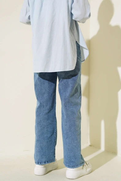 Bel Lastikli Çift Düğmeli Kot Pantolon Kot Mavisi - Resim 3