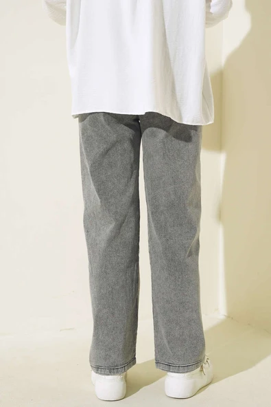 Bel Lastikli Çift Düğmeli Kot Pantolon Füme - Resim 3