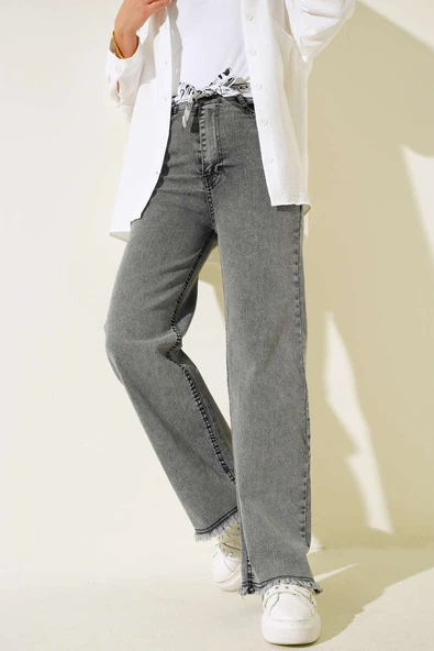 Paça Püsküllü Kuşaklı Kot Pantolon Füme - Resim 2