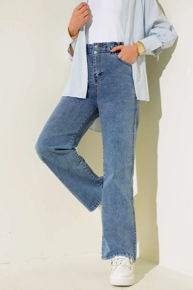 Bel Lastikli Çift Düğmeli Kot Pantolon Kot Mavisi - 1