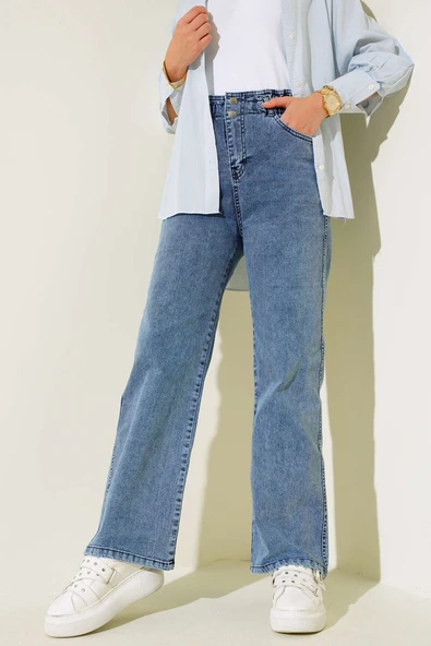 Bel Lastikli Çift Düğmeli Kot Pantolon Kot Mavisi - Resim 2