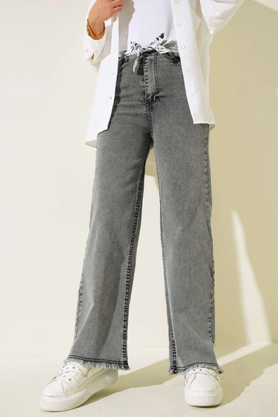 Paça Püsküllü Kuşaklı Kot Pantolon Füme