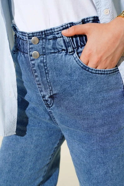 Bel Lastikli Çift Düğmeli Kot Pantolon Kot Mavisi - 4