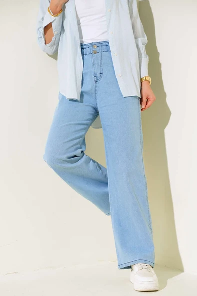 Bel Lastikli Çift Düğmeli Kot Pantolon Mavi - Resim 2