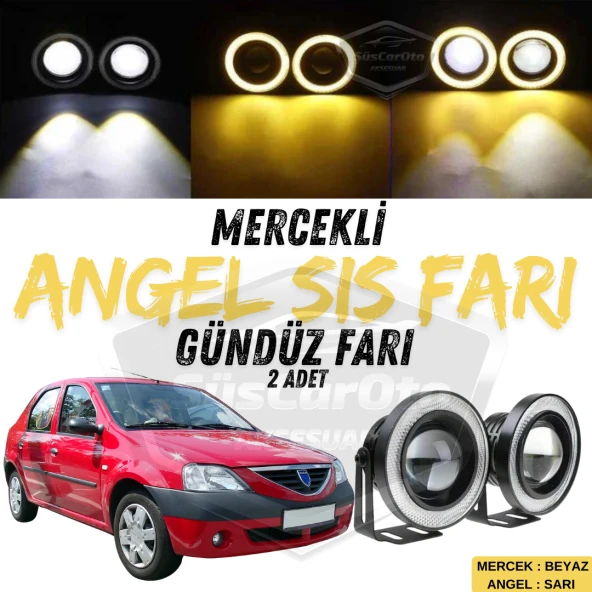Dacia Logan Uyumlu Üniversal Mercekli Angel Sis Farı Metal Su Geçirmez 76 mm Sarı Halkalı Gündüz Farı Angel Eyes 2 Adet