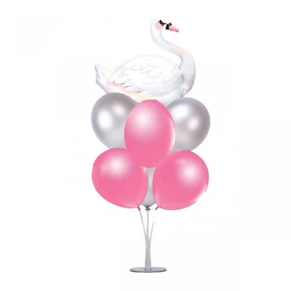 7 li Balon Demeti Kuğulu Gümüş Pembe Balon
