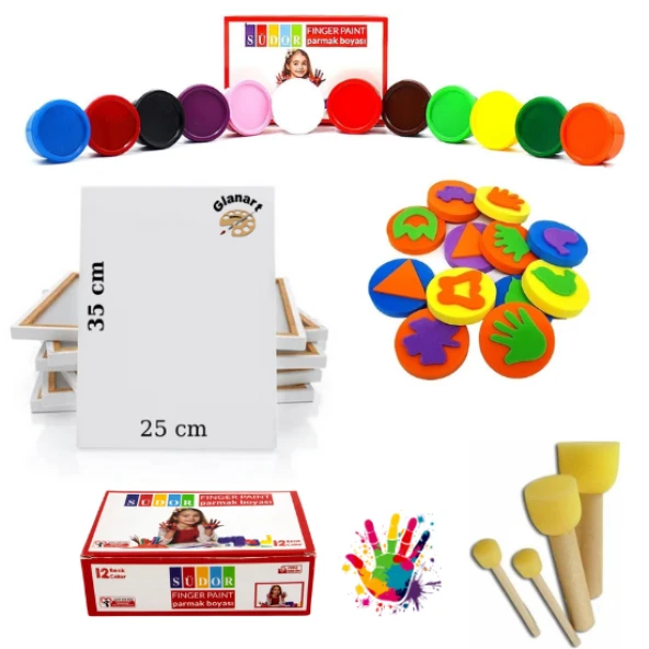 çocuklar için 12 renk parmak boyası baskı seti + 25x35 cm tuval (yıkanabilir) 29 parça set