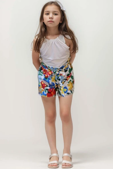 Kız Çocuk Renkli Flower Baskı ve Halter Yaka White Bluz Şortlu Takım - Resim 2