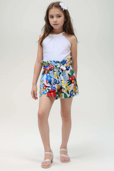 Kız Çocuk Renkli Flower Baskı ve Halter Yaka White Bluz Şortlu Takım ürün görseli