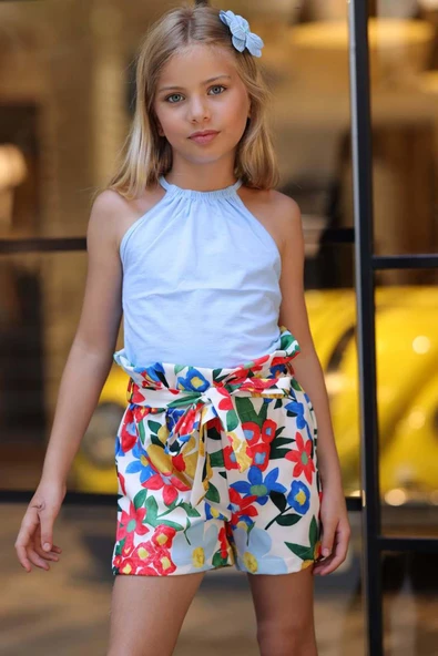 Kız Çocuk Renkli Flower Baskı ve Halter Yaka LightBlue Bluz Şortlu Takım - Resim 4