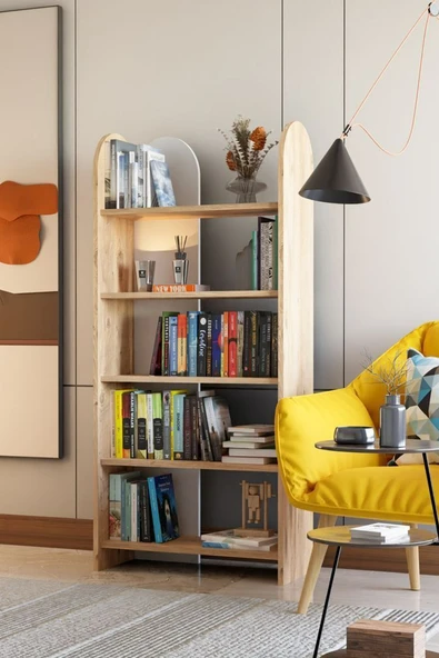 Limnizza Oval Ahşap Kitaplık Raflı Modern Kitaplık Çok Raflı Kitaplık Ofis Ev Dekoratif Kitaplık Atlantik Çam - 4