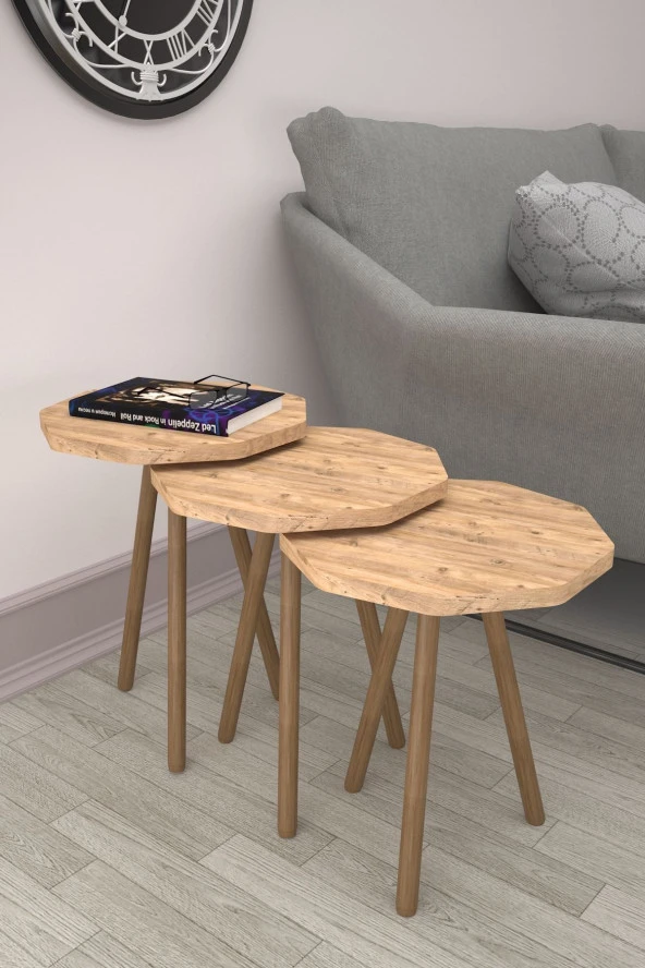 Limnizza Sekizgen Zigon Sehpa 3'lü Set Ahşap Orta Sehpa Modern Yan Sehpa Takımı Dekoratif Sehpa Atlantik Çam - 2