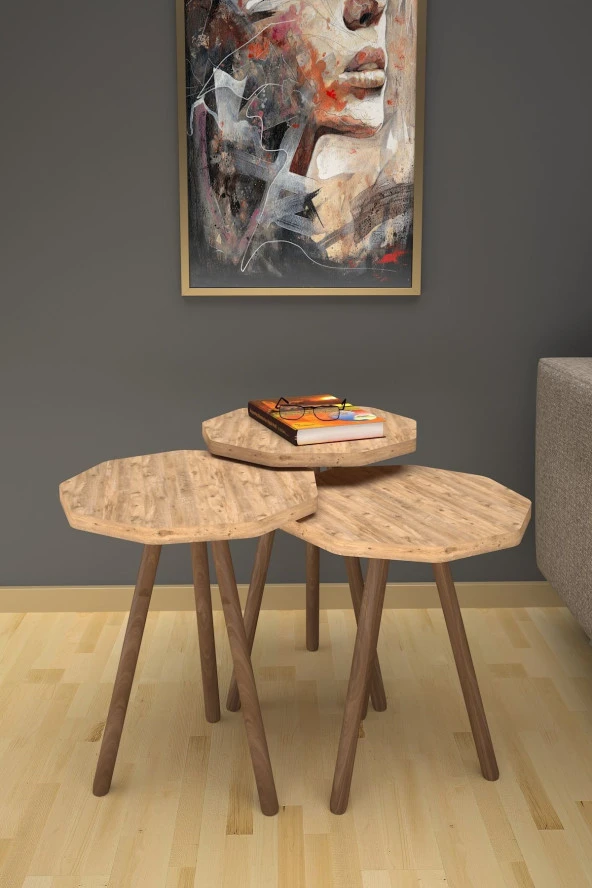 Limnizza Sekizgen Zigon Sehpa 3'lü Set Ahşap Orta Sehpa Modern Yan Sehpa Takımı Dekoratif Sehpa Atlantik Çam - 3