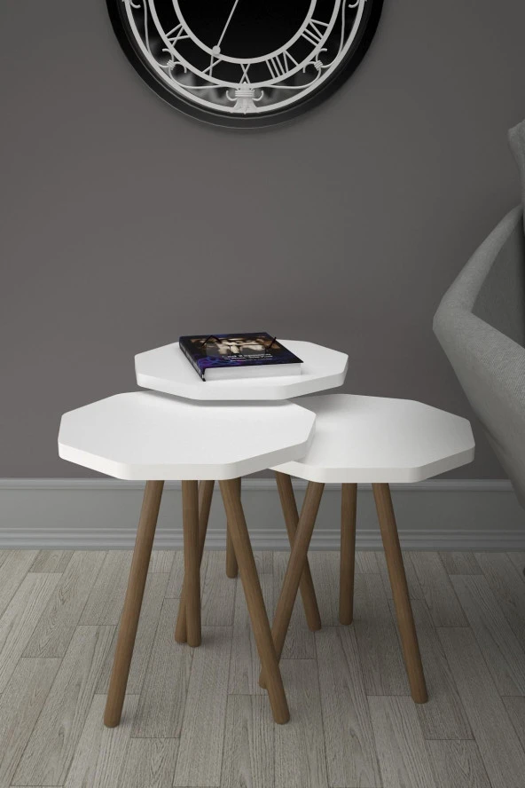 Limnizza Sekizgen Zigon Sehpa 3'lü Set Ahşap Orta Sehpa Modern Yan Sehpa Takımı Dekoratif Sehpa Beyaz - 3