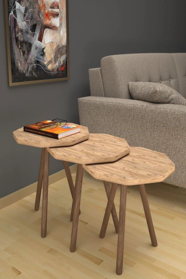 Limnizza Sekizgen Zigon Sehpa 3'lü Set Ahşap Orta Sehpa Modern Yan Sehpa Takımı Dekoratif Sehpa Atlantik Çam - 4