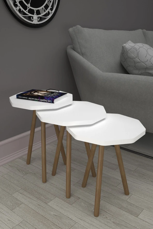 Limnizza Sekizgen Zigon Sehpa 3'lü Set Ahşap Orta Sehpa Modern Yan Sehpa Takımı Dekoratif Sehpa Beyaz - 4