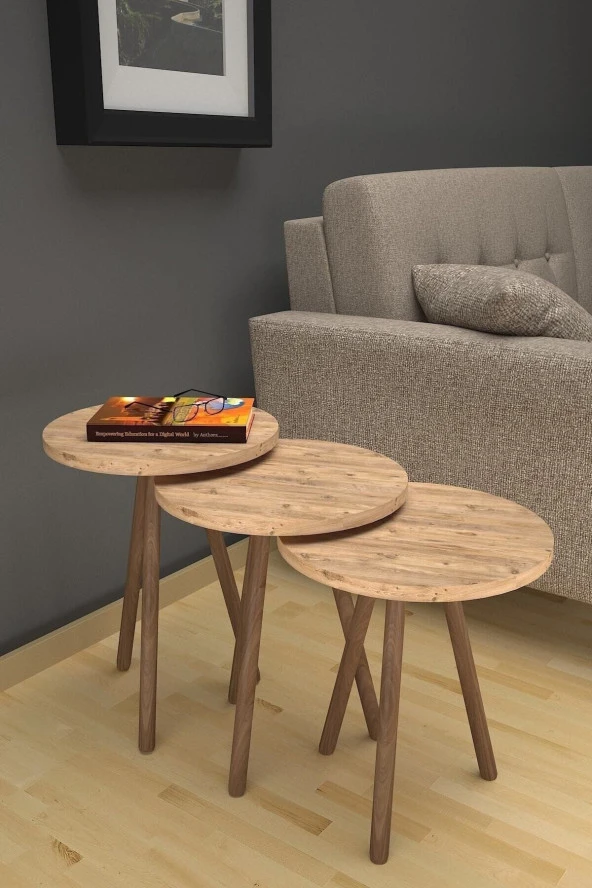 Mobezzo 3lü Yuvarlak Zigon Sehpa Takımı Ahşap Ayaklı Modern Tarz Kahve ve Sunum Sehpası Atlantik Çam - 2