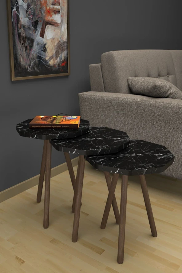 Limnizza Sekizgen Zigon Sehpa 3'lü Set Ahşap Orta Sehpa Modern Yan Sehpa Takımı Dekoratif Sehpa Siyah Mermer Desenli - 4