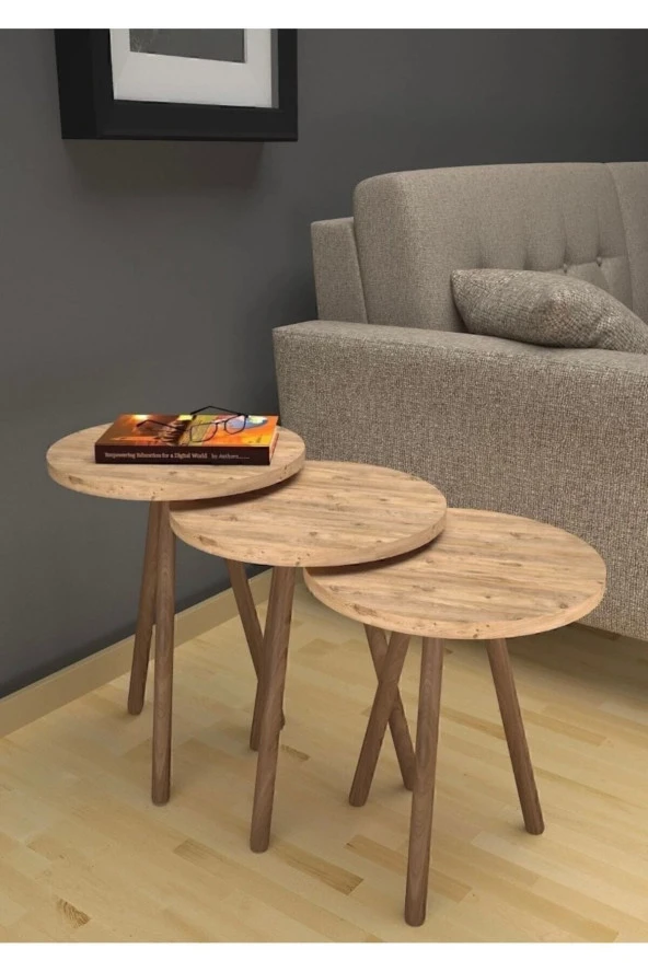 Mobezzo 3 lü Yuvarlak Zigon Sehpa Takımı  Ahşap Ayaklı Modern Tarz Kahve ve Sunum Sehpası Atlantik Çam