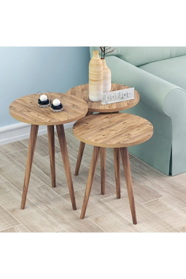 Mobezzo 3lü Yuvarlak Zigon Sehpa Takımı Ahşap Ayaklı Modern Tarz Kahve ve Sunum Sehpası Atlantik Çam