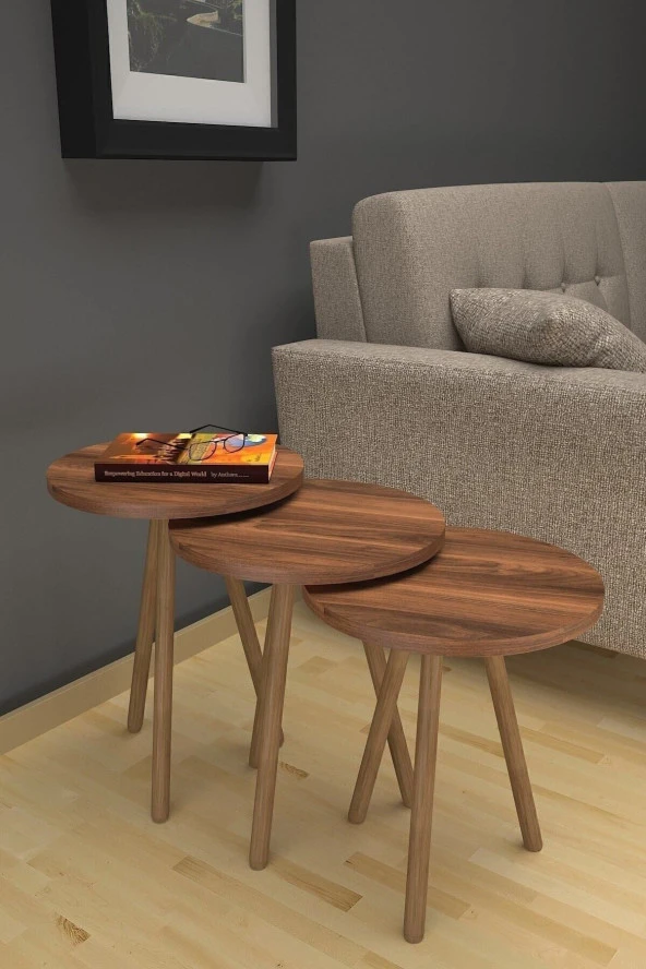 Mobezzo 3lü Yuvarlak Zigon Sehpa Takımı  Ahşap Ayaklı Modern Tarz Kahve ve Sunum Sehpası Ceviz - 3