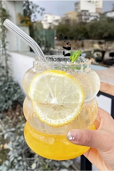 2li Bubble Şekli Pipetli Cam Bardak Limonata Meşrubat Kokteyl Kahve Sunum Baloncuk Bardağı 500 ml - 3