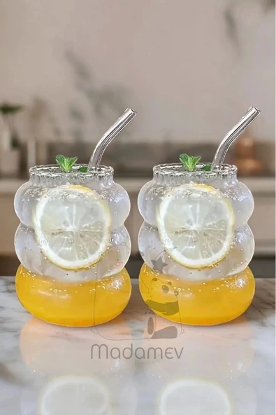 2li Bubble Şekli Pipetli Cam Bardak Limonata Meşrubat Kokteyl Kahve Sunum Baloncuk Bardağı 500 ml - 2