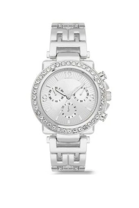 Dekoratif Kadran Taşlı Tasarım Metal Kordon Gümüş Kadın Kol Saati - 2