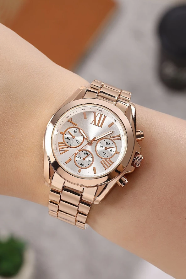 Dekoratif Kadran Rose Metal Kordon Kadın Kol Saati