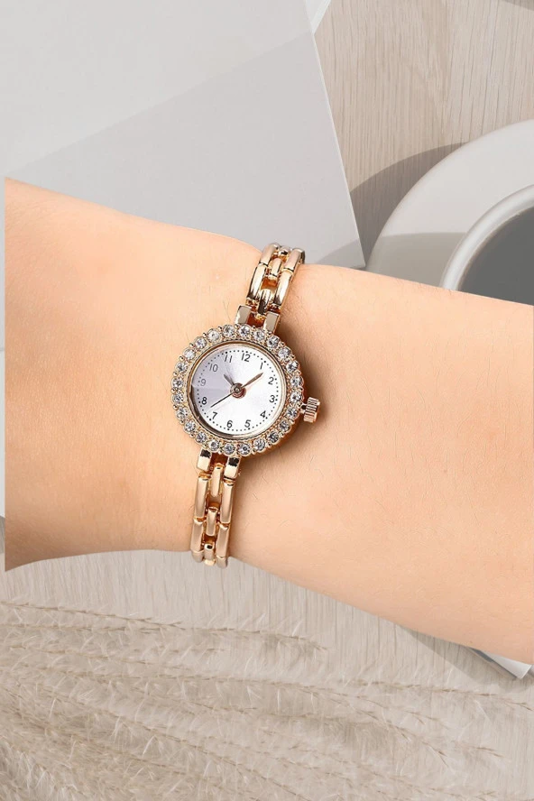 Taşlı İnce Bileklik Rose Metal Kadın Kol Saati ürün görseli