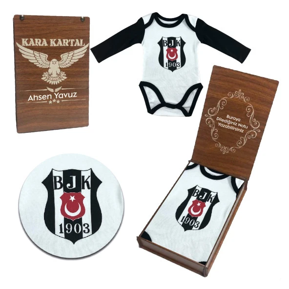 Beşiktaş Orjinal Lisanslı Kişiye Özel Ahşap Kutulu Uzun Kol Zıbın & Body - 4
