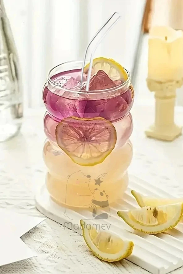 2li Halka Şekli Pipetli Kokteyl Cam Bardak Seti İskandinav Tarz Kahve Latte Sunum Bardağı 340 ml - 2