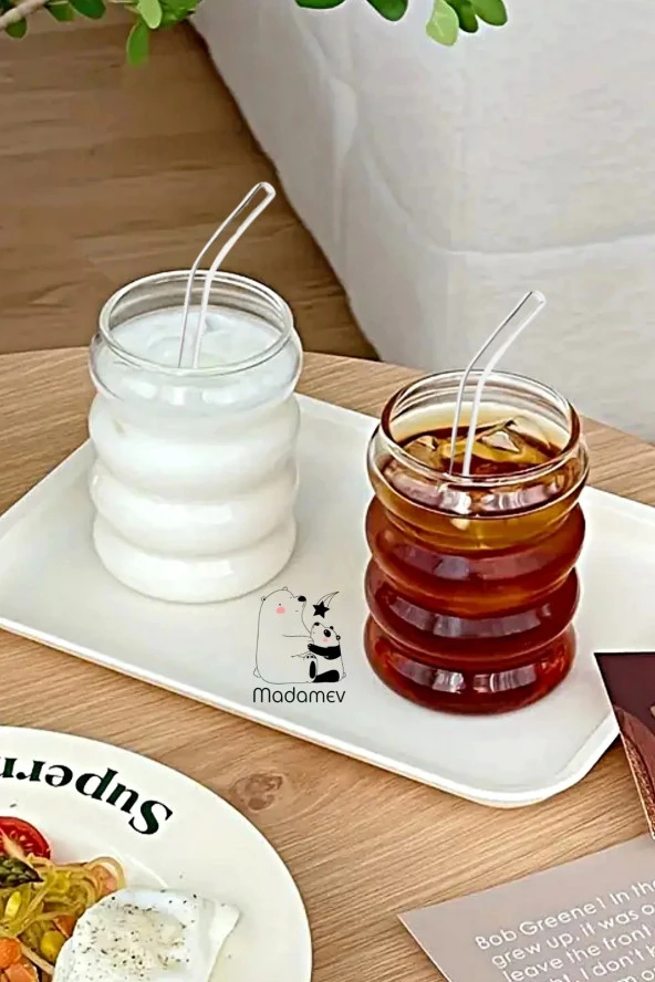 2li Halka Şekli Pipetli Kokteyl Cam Bardak Seti İskandinav Tarz Kahve Latte Sunum Bardağı 340 ml - 4