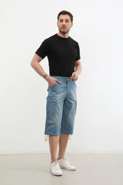 Erkek Cepli Oversize Jean Şort Mavi