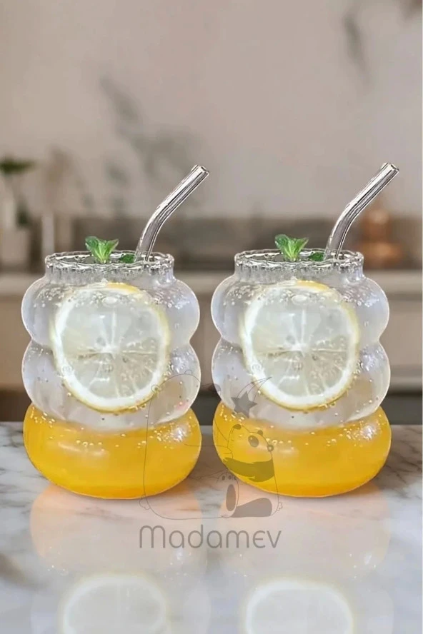4lü Bubble Şekli Pipetli Cam Bardak Limonata Meşrubat Kokteyl Kahve Sunum Baloncuk Bardağı 500 ml. - 3